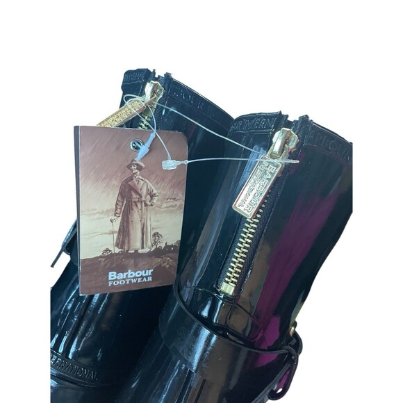 NEW Barbour International Women Black High Gloss Ankle Wellies Rain Boots 9M - Picture 6 of 8